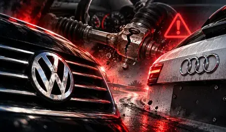 Volkswagen i Audi zbliżenia emblematów oraz uszkodzony element układu kierowniczego symbolizujący potencjalną awarię mocowania przekładni kierowniczej