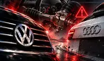 Volkswagen i Audi zbliżenia emblematów oraz uszkodzony element układu kierowniczego symbolizujący potencjalną awarię mocowania przekładni kierowniczej