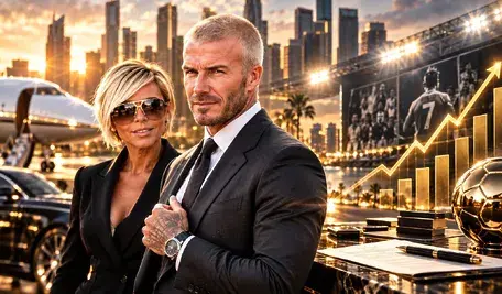 David i Victoria Beckham przedstawieni w luksusowej scenerii biznesowej z wykresem wzrostu finansowego, symbolizujący rekordowe zyski imperium marki Beckhama po zakończeniu kariery piłkarskiej.