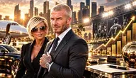 David i Victoria Beckham przedstawieni w luksusowej scenerii biznesowej z wykresem wzrostu finansowego, symbolizujący rekordowe zyski imperium marki Beckhama po zakończeniu kariery piłkarskiej.