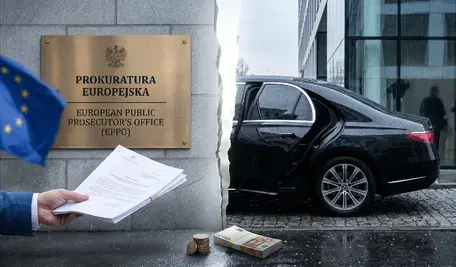 Ilustracja wizualizuje dramatyczny kontrast między oficjalnym obliczem Prokuratury Europejskiej a luksusowymi korzyściami (mercedes i gotówka), które są w centrum zarzutów wobec posła.