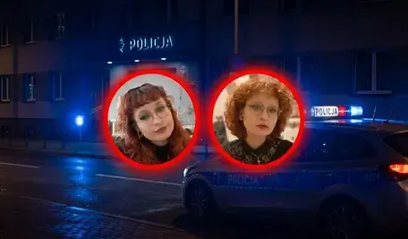 Zdjęcia zaginionej kobiety na tle policyjnych samochodów i komisariatu