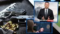 Pistolety leżące na stole i zdjęcie z wystąpienia Przemysława Czarnka