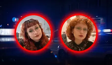 Zdjęcia zaginionej kobiety na tle policyjnych samochodów i komisariatu
