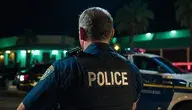policjant stojący tyłem  na ciemnym nocnym tle, z napisem "police" na koszuli
