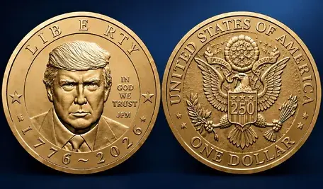 Złota moneta jednodolarowa US Mint z wizerunkiem Donalda Trumpa oraz rewersem przedstawiającym amerykańskiego orła z okazji 250-lecia niepodległości USA