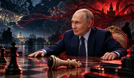 Ilustracja przedstawiająca Władimira Putina siedzącego przy stole z motywem szachownicy. W tle widoczna jest mapa świata z czerwonymi liniami symbolizującymi globalne wpływy Rosji, połączenie z USA oraz sylwetki Kremla i Waszyngtonu