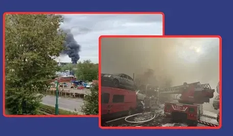 Płoną wraki samochodów na złomowisku 