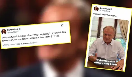 Donald Tusk na tle swoich wpisów w mediach społecznościowych dotyczących wyniku AfD w Saksonii-Anhalt i krytyki polityków PiS oraz Konfederacji.