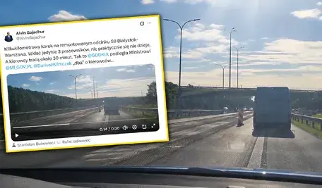 Doradca prezydenta Alvin Gajadhur zwraca uwagę na utrudnienia i brak robotników podczas remontu drogi ekspresowej S8 na trasie Białystok–Warszawa.