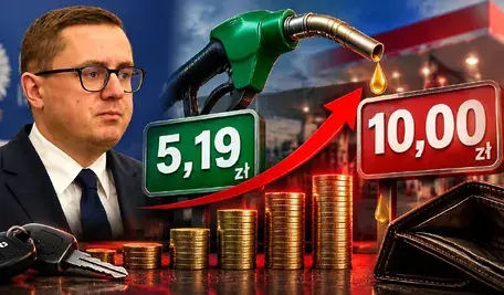 Grafika przedstawiająca wzrost cen paliwa od 5,19 zł do 10 zł za litr, stacja benzynowa, dystrybutor paliwa i rosnący wykres cen