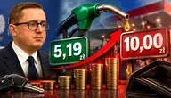 Grafika przedstawiająca wzrost cen paliwa od 5,19 zł do 10 zł za litr, stacja benzynowa, dystrybutor paliwa i rosnący wykres cen