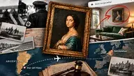 Kolaż przedstawiający historię odzyskania zrabowanego podczas II wojny światowej obrazu. W centrum znajduje się zabytkowy portret kobiety w złotej ramie, po lewej archiwalne zdjęcia związane z okresem nazistowskim i Jacques’em Goudstikkerem, po prawej wnętrze domu w Argentynie z odnalezionym obrazem, a na dole mapa trasy z Europy do Mar del Plata oraz dokumenty symbolizujące zwrot dzieła spadkobiercom.