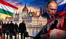 Budapeszt, parlament nad Dunajem w tle oraz symboliczne przedstawienie napięć dyplomatycznych między Węgrami a Rosją. Po lewej stronie widoczna flaga Węgier i osoby w garniturach odchodzące z walizkami, po prawej sylwetka rosyjskiego przywódcy, flaga Rosji oraz motywy szpiegowskie i dokumenty sugerujące konflikt wywiadowczy.