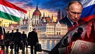 Budapeszt, parlament nad Dunajem w tle oraz symboliczne przedstawienie napięć dyplomatycznych między Węgrami a Rosją. Po lewej stronie widoczna flaga Węgier i osoby w garniturach odchodzące z walizkami, po prawej sylwetka rosyjskiego przywódcy, flaga Rosji oraz motywy szpiegowskie i dokumenty sugerujące konflikt wywiadowczy.