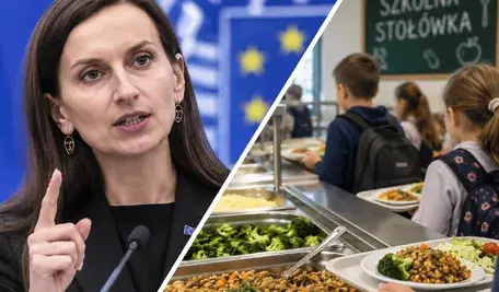 Sylwia Spurek na tle Parlamentu Europejskiego oraz uczniowie korzystający ze szkolnej stołówki.