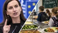 Sylwia Spurek na tle Parlamentu Europejskiego oraz uczniowie korzystający ze szkolnej stołówki.