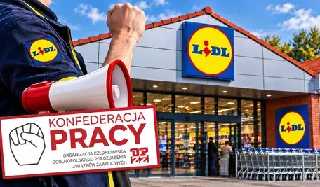 Pracownik Lidla przed sklepem z megafonem i symbolem Konfederacji Pracy