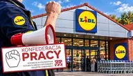 Pracownik Lidla przed sklepem z megafonem i symbolem Konfederacji Pracy